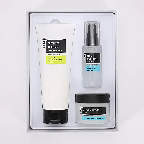 COXIR - Moisturizing Facial Care Set Ultra Hyaluronic Gift Set 3 Pcs : 1x 150ml Green Tea pH Clear Cleanser - 1x 50ml Ultra Hyaluronic Ampoule - 1x 50ml Ultra Hyaluronic Cream