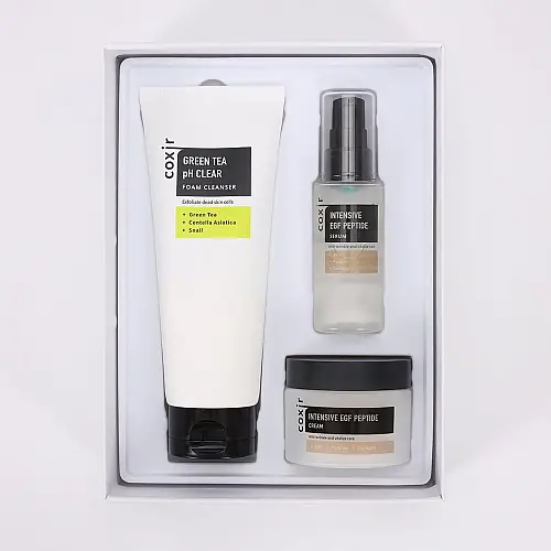 COXIR - Anti-aging facial care set Intensive EGF Peptide Gift Set 3 pcs : 1x 150ml Green Tea pH Clear Cleanser - 1x 50ml Intensive EGF Peptide Serum - 1x 50ml Intensive EGF Peptide Cream