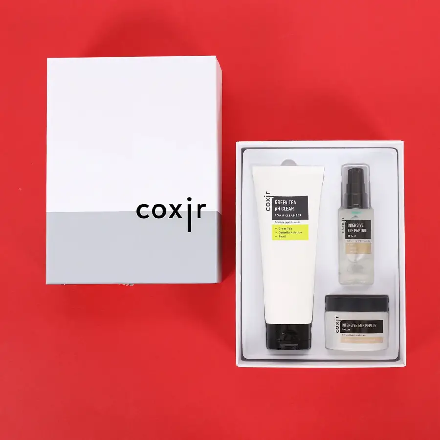 COXIR - Anti-aging facial care set Intensive EGF Peptide Gift Set 3 pcs : 1x 150ml Green Tea pH Clear Cleanser - 1x 50ml Intensive EGF Peptide Serum - 1x 50ml Intensive EGF Peptide Cream